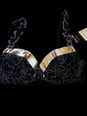 Black and Gold Floral Bra with Satin Trim
